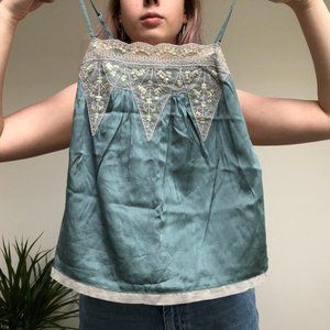2 for 20 / Vintage Moda International Teal Silk Cami Tank Top with Gold Sequins